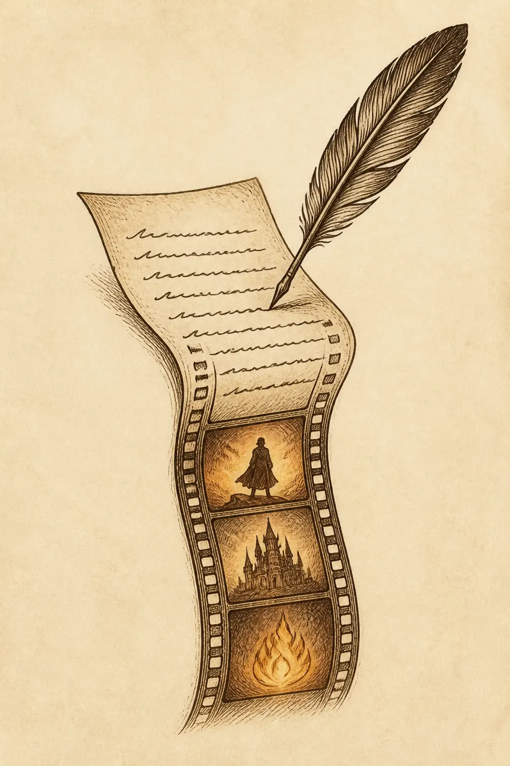 Quill writing a story that turns into a film strip